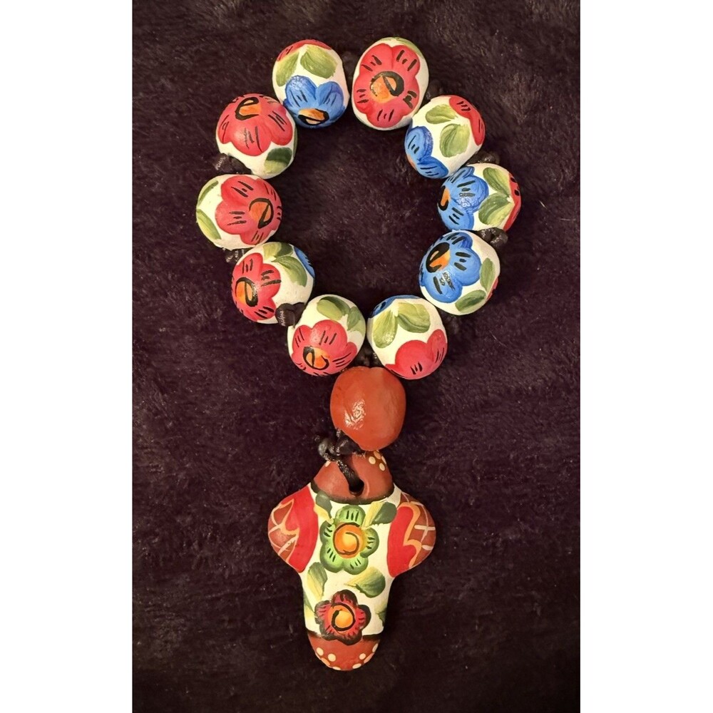 Chunky Rosary Bracelet 6” Bright Colors Red Cross Hand Painted Venetian Style